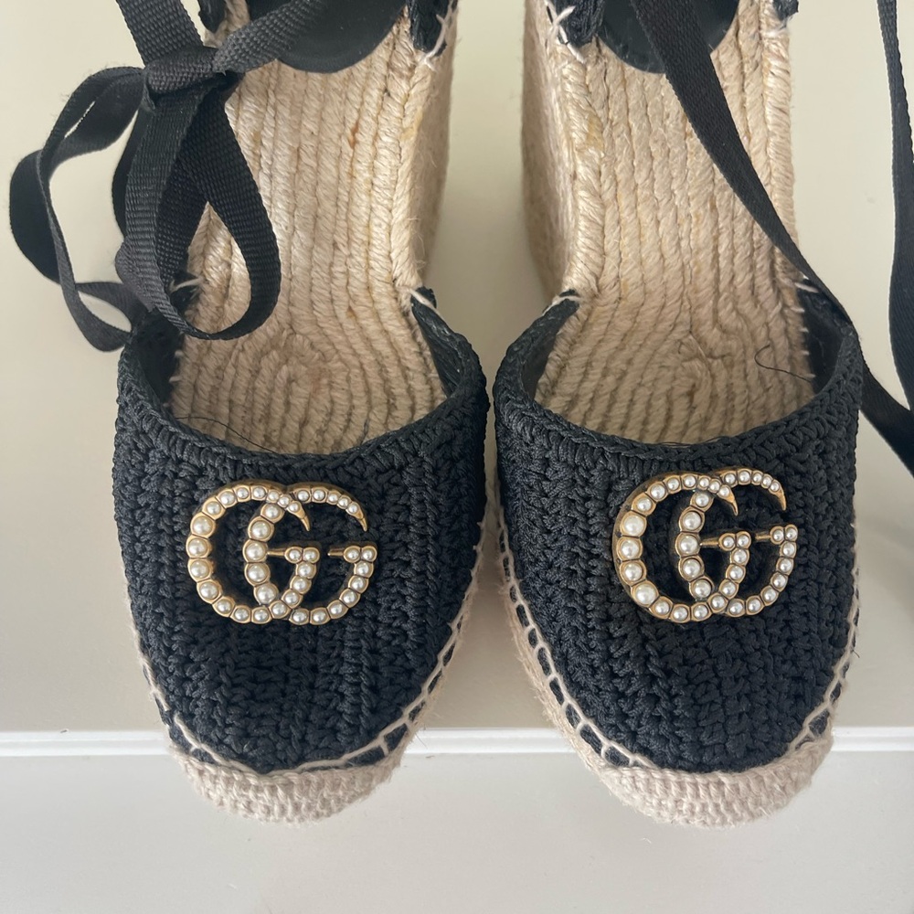 Gucci Black Crochet Espadrilles with Pearl Logo